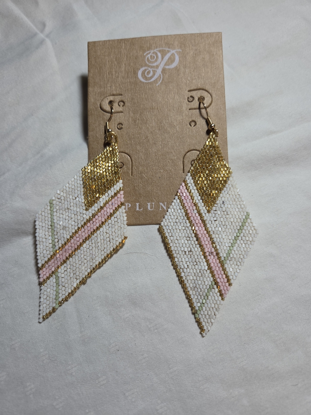 Plunder Gold, White, Pink & Green Geometric Beaded Drop Earrings